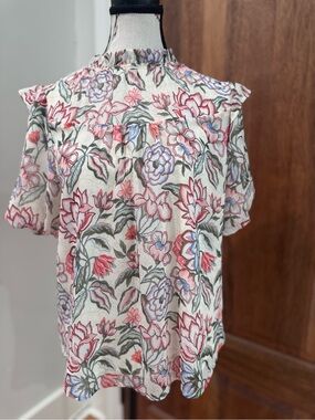 LOFT Cream Floral Ruffle-Neck Short Sleeve Blouse